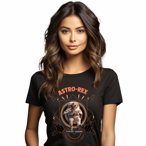 Personalizate cu Animalul Tau - Tricou Femei cu Animal In Costum de Astronaut , Peronalizata cu Numele si Poza Animalului Tau cu imprimeu pe Fata, 100% Bumbac, Negru, XS