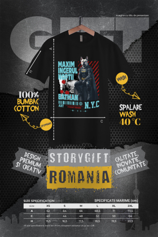 Tricou Femei cu Animal In Costum de Batman pe Strazile din New York City, Peronalizata cu Numele si Poza Animalului Tau cu imprimeu pe Fata, 100% Bumbac, Negru, XS [3]