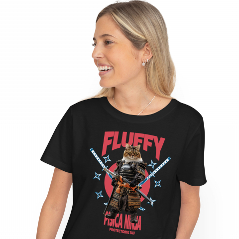 Personalizate cu Animalul Tau - Tricou Femei cu Animal In Costum de Samurai cu Sabie, Peronalizata cu Numele si Poza Animalului Tau cu imprimeu pe Fata, 100% Bumbac, Negru, XS