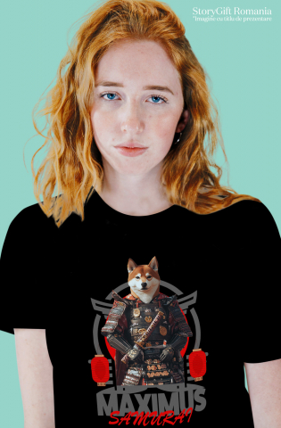 Tricou Femei cu Animal In Costum de Samurai, Peronalizata cu Numele si Poza Animalului Tau cu imprimeu pe Fata, 100% Bumbac, Negru, XS [1]