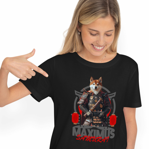 Personalizate cu Animalul Tau - Tricou Femei cu Animal In Costum de Samurai, Peronalizata cu Numele si Poza Animalului Tau cu imprimeu pe Fata, 100% Bumbac, Negru, XS