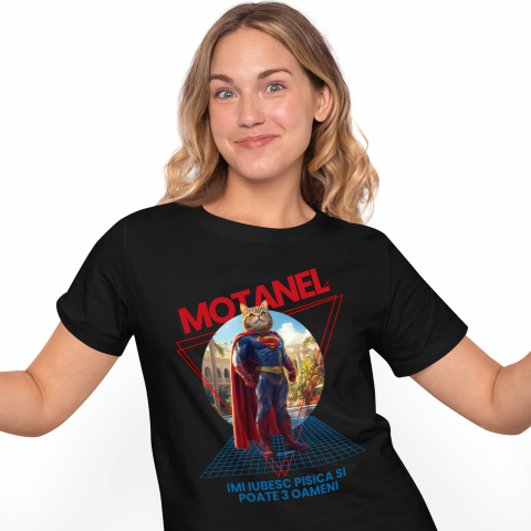 Personalizate cu Animalul Tau - Tricou Femei cu Animal in Costum de Super Erou, Superman, Peronalizata cu Numele si Poza Animalului Tau cu imprimeu pe Fata, 100% Bumbac, Negru, XS