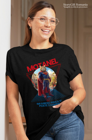 Tricou Femei cu Animal in Costum de Super Erou, Superman, Peronalizata cu Numele si Poza Animalului Tau cu imprimeu pe Fata, 100% Bumbac, Negru, XS [1]