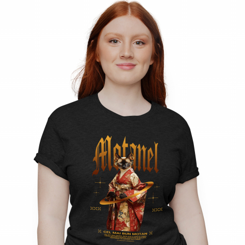 Tricouri - Tricou Femei cu Animal In Costum Japonez, Peronalizata cu Numele si Poza Animalului Tau cu imprimeu pe Fata, 100% Bumbac, Negru, M