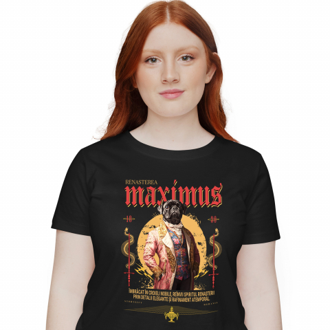 Personalizate cu Animalul Tau - Tricou Femei cu Animal In Costum Medieval, Portret, Peronalizata cu Numele si Poza Animalului Tau cu imprimeu pe Fata, 100% Bumbac, Negru, XS