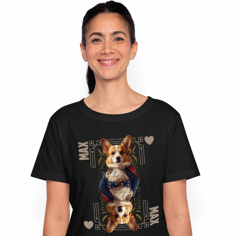 Personalizate cu Animalul Tau - Tricou Femei cu Animal In Costum Regal, Carte de Joc, Inima, Peronalizata cu Numele si Poza Animalului Tau cu imprimeu pe Fata, 100% Bumbac, Negru, XS