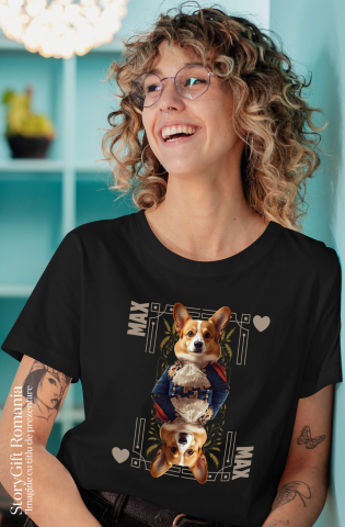 Tricou Femei cu Animal In Costum Regal, Carte de Joc, Inima, Peronalizata cu Numele si Poza Animalului Tau cu imprimeu pe Fata, 100% Bumbac, Negru, XS [1]