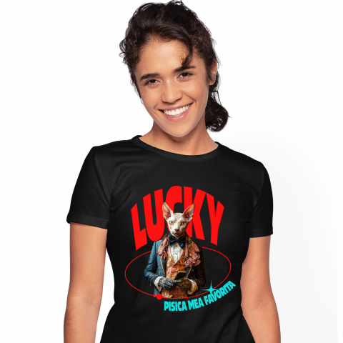 Personalizate cu Animalul Tau - Tricou Femei cu Animal in Costum Regal, cu Manusi si Telefonul in Mana, Peronalizata cu Numele si Poza Animalului Tau cu imprimeu pe Fata, 100% Bumbac, Negru, XS