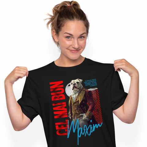 Personalizate cu Animalul Tau - Tricou Femei cu Animal In Costum Regal Renascentist, Peronalizata cu Numele si Poza Animalului Tau cu imprimeu pe Fata, 100% Bumbac, Negru, XS