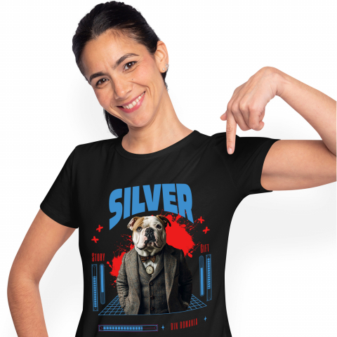 Tricouri - Tricou Femei cu Animal in Costum si papion, Peronalizata cu Numele si Poza Animalului Tau cu imprimeu pe Fata, 100% Bumbac, Negru, L