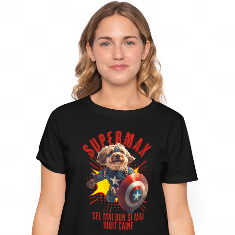 Personalizate cu Animalul Tau - Tricou Femei cu Animal In Costumul lui Capitanul America, Zburand, Scut, Peronalizata cu Numele si Poza Animalului Tau cu imprimeu pe Fata, 100% Bumbac, Negru, XS