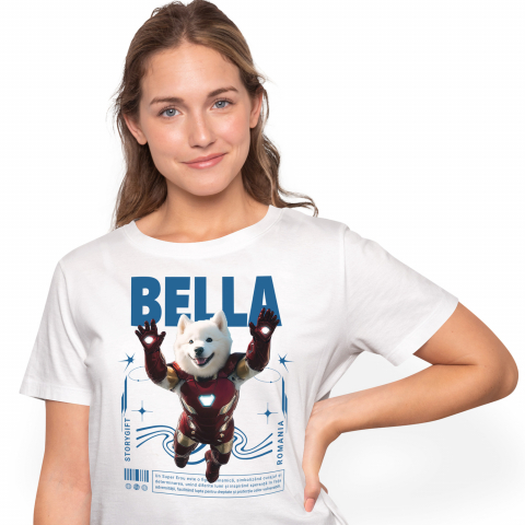 Tricouri - Tricou Femei cu Animal In Costumul lui Ironman, Zburand, Peronalizata cu Numele si Poza Animalului Tau cu imprimeu pe Fata, 100% Bumbac, Alb, S