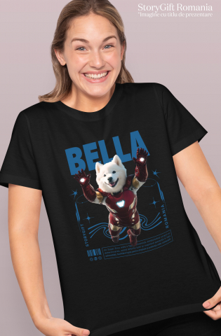 Tricou Femei cu Animal In Costumul lui Ironman, Zburand, Peronalizata cu Numele si Poza Animalului Tau cu imprimeu pe Fata, 100% Bumbac, Negru, XS [1]