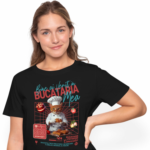 Personalizate cu Animalul Tau - Tricou Femei cu Animal In Uniforma de Bucatar, Patiser, Peronalizata cu Numele si Poza Animalului Tau cu imprimeu pe Fata, 100% Bumbac, Negru, XS