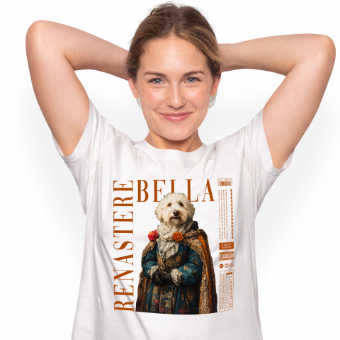 Tricouri - Tricou Femei cu Animal in Vesmant Regal Renascentist, Peronalizata cu Numele si Poza Animalului Tau cu imprimeu pe Fata, 100% Bumbac, Alb, S