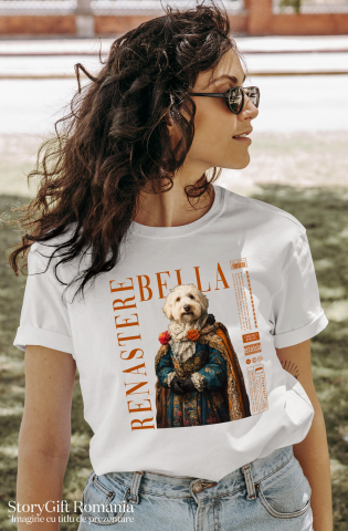 Tricou Femei cu Animal in Vesmant Regal Renascentist, Peronalizata cu Numele si Poza Animalului Tau cu imprimeu pe Fata, 100% Bumbac, Alb, S [1]