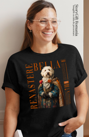 Tricou Femei cu Animal in Vesmant Regal Renascentist, Peronalizata cu Numele si Poza Animalului Tau cu imprimeu pe Fata, 100% Bumbac, Negru, XS [1]
