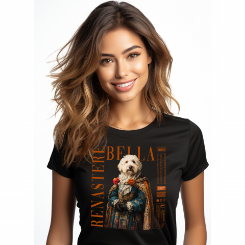 Personalizate cu Animalul Tau - Tricou Femei cu Animal in Vesmant Regal Renascentist, Peronalizata cu Numele si Poza Animalului Tau cu imprimeu pe Fata, 100% Bumbac, Negru, XS