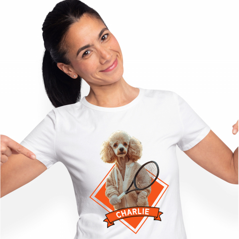 Tricouri - Tricou Femei cu Animal Jucator de Tenis, Peronalizata cu Numele si Poza Animalului Tau cu imprimeu pe Fata, 100% Bumbac, Alb, S