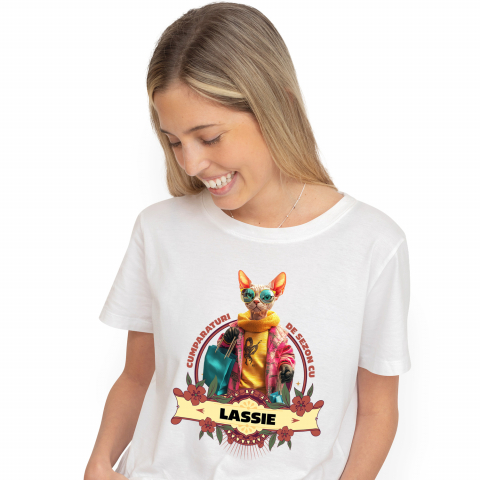 Tricouri - Tricou Femei cu Animal La Cumparaturi, Moda, Fashion, Peronalizata cu Numele si Poza Animalului Tau cu imprimeu pe Fata, 100% Bumbac, Alb, M