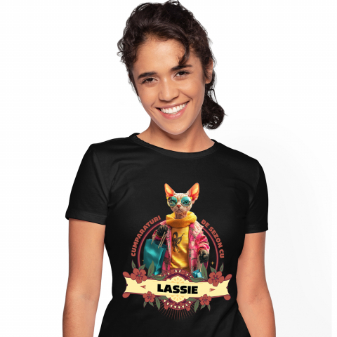 Personalizate cu Animalul Tau - Tricou Femei cu Animal La Cumparaturi, Moda, Fashion, Peronalizata cu Numele si Poza Animalului Tau cu imprimeu pe Fata, 100% Bumbac, Negru, XS