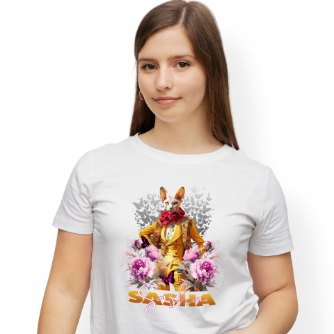 Tricouri - Tricou Femei cu Animal La Moda in Costum Galben, Inconjurat de Flori, Peronalizata cu Numele si Poza Animalului Tau cu imprimeu pe Fata, 100% Bumbac, Alb, M