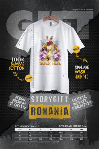 Tricou Femei cu Animal La Moda in Costum Galben, Inconjurat de Flori, Peronalizata cu Numele si Poza Animalului Tau cu imprimeu pe Fata, 100% Bumbac, Alb, M [3]