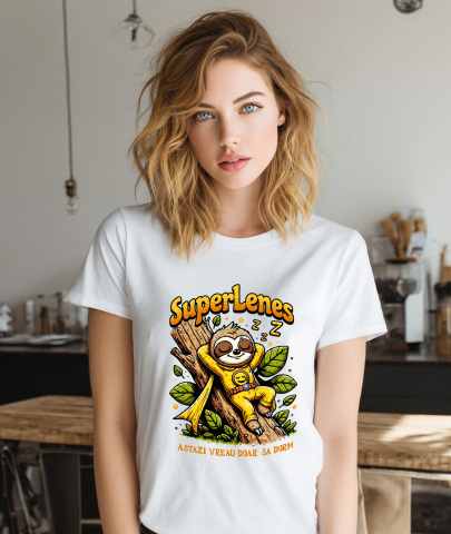 Tricou Femei, Barbati, Copii, Fata, Baiat, Unisex Personalizat Animal Lenes Dormind Pe Trunchi Copac Cu Costum Super Erou Galben – Cadou Personalizat „Astăzi Vreau Doar Să Dorm” [1]