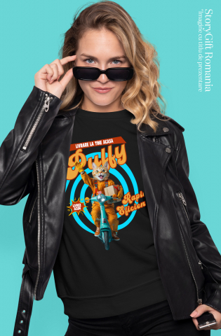 Tricou Femei cu Animal Livrator de Colete pe Scooter, Peronalizata cu Numele si Poza Animalului Tau cu imprimeu pe Fata, 100% Bumbac, Negru, XS [1]