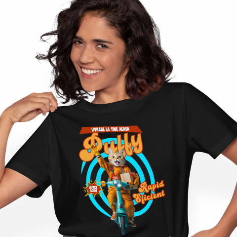 Personalizate cu Animalul Tau - Tricou Femei cu Animal Livrator de Colete pe Scooter, Peronalizata cu Numele si Poza Animalului Tau cu imprimeu pe Fata, 100% Bumbac, Negru, XS