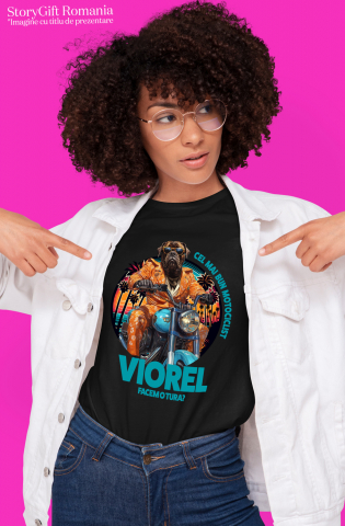 Tricou Femei cu Animal Pe Motocicleta, La Apus cu Palmieri, Peronalizata cu Numele si Poza Animalului Tau cu imprimeu pe Fata, 100% Bumbac, Negru, XS [1]