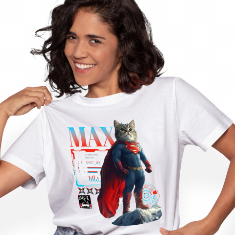 Tricouri - Tricou Femei cu Animal SuperMan in Varful Muntelui, Power Pose, Peronalizata cu Numele si Poza Animalului Tau cu imprimeu pe Fata, 100% Bumbac, Alb, S