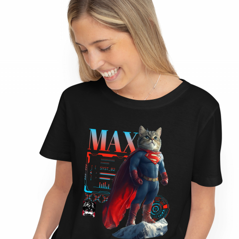 Personalizate cu Animalul Tau - Tricou Femei cu Animal SuperMan in Varful Muntelui, Power Pose, Peronalizata cu Numele si Poza Animalului Tau cu imprimeu pe Fata, 100% Bumbac, Negru, XS