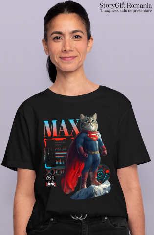 Tricou Femei cu Animal SuperMan in Varful Muntelui, Power Pose, Peronalizata cu Numele si Poza Animalului Tau cu imprimeu pe Fata, 100% Bumbac, Negru, XS [1]