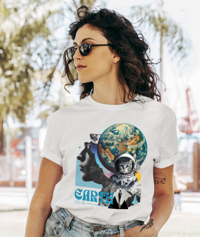 Tricou Femei, Barbati, Copii, Fata, Baiat, Unisex Personalizat "Produse personalizate de artă – Chip uman, planetă Pământ, Lună, pisică spațială și rachetă" [1]
