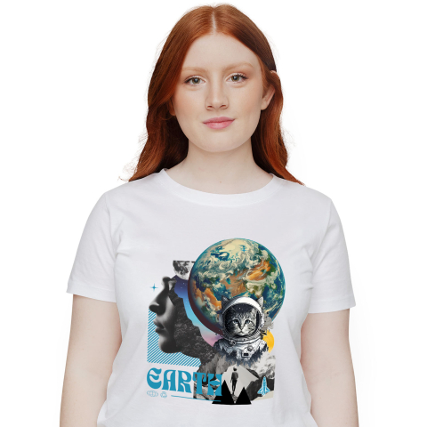 Planeta - Tricou Femei, Barbati, Copii, Fata, Baiat, Unisex Personalizat "Produse personalizate de artă – Chip uman, planetă Pământ, Lună, pisică spațială și rachetă"