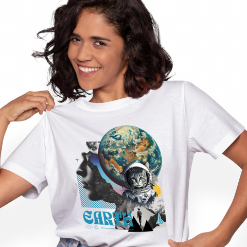 PLANETA - Tricou Femei, Barbati, Copii, Fata, Baiat, Unisex Personalizat "Produse personalizate de artă – Chip uman, planetă Pământ, Lună, pisică spațială și rachetă"