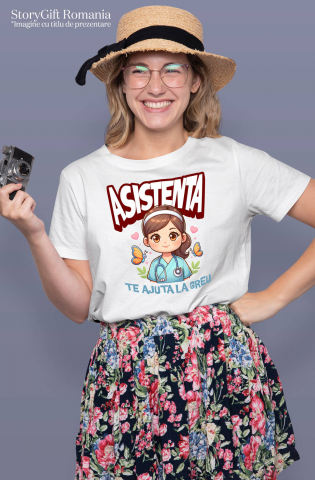 Tricou Femei, Barbati, Copii, Fata, Baiat, Unisex Personalizat Asistentă Medicală în Ținută Albastră – Design Unic Personalizat [1]