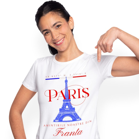 Femei - Marimea L - Tricou Femei cu Atractie Turistica Turnul Eiffel Franta Paris, Iubitorii De Calatorii, Aventura cu imprimeu pe Fata, 100% Bumbac, Alb, L