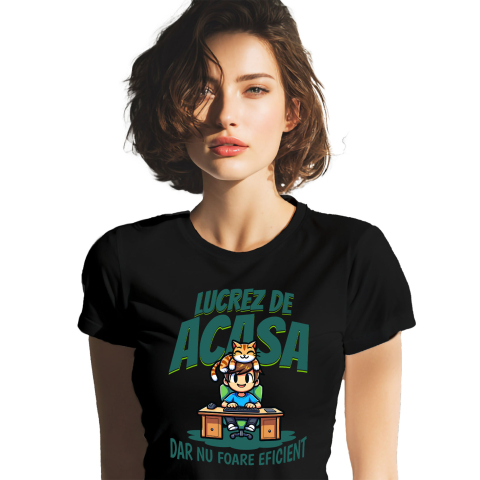 Tricouri - Tricou Femei, Barbati, Copii, Fata, Baiat, Unisex Personalizat Băiat la Birou cu Pisică Portocalie – Work From Home, Productivitate