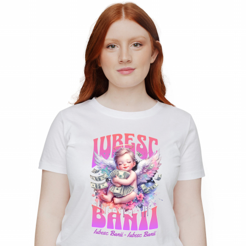 Tricou Femei, Barbati, Copii, Fata, Baiat, Unisex Personalizat Bebelus Înger pe Nor cu Bancnote – „Iubesc Banii” – Cadou Personalizat pentru Familie, Tati, Copii, Prieteni