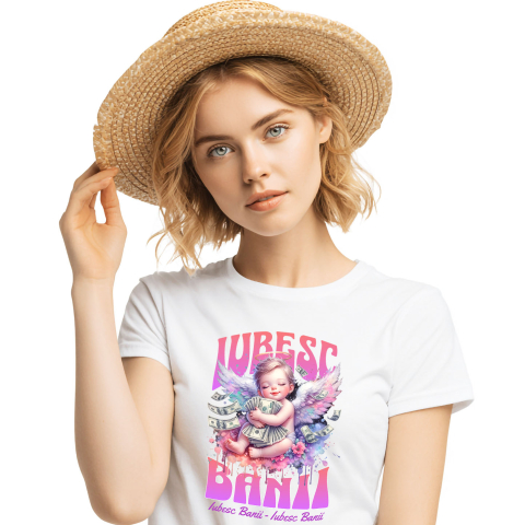 Tricou Femei, Barbati, Copii, Fata, Baiat, Unisex Personalizat Bebelus Înger pe Nor cu Bancnote – „Iubesc Banii” – Cadou Personalizat pentru Familie, Tati, Copii, Prieteni