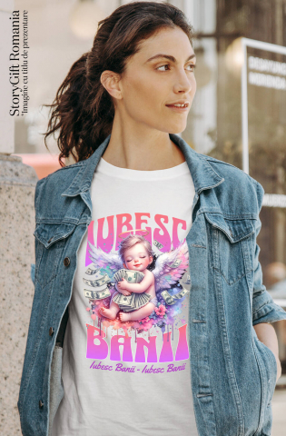 Tricou Femei, Barbati, Copii, Fata, Baiat, Unisex Personalizat Bebelus Înger pe Nor cu Bancnote – „Iubesc Banii” – Cadou Personalizat pentru Familie, Tati, Copii, Prieteni [1]