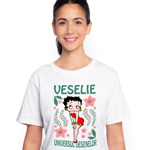 Tricouri - Tricou Femei cu Betty Boop și Călătoria în Grădina de Flori Roz 100% Bumbac, Alb, S