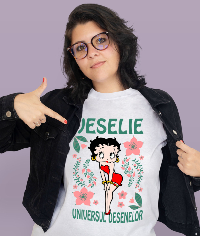 Tricou Femei cu Betty Boop și Călătoria în Grădina de Flori Roz 100% Bumbac, Alb, S [1]