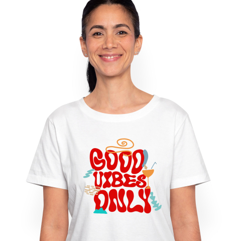 Citate - Tricou Femei, Barbati, Copii, Fata, Baiat, Unisex Personalizat Good Vibes Only – Tricou Personalizat cu Mesaj Vacanță și Cocktail