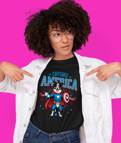 Tricou Femei, Barbati, Copii, Fata, Baiat, Unisex Personalizat Border Collie în Costum Captain America cu Pelerină - Cadou Personalizat pentru Copii și Iubitorii de Câini [1]