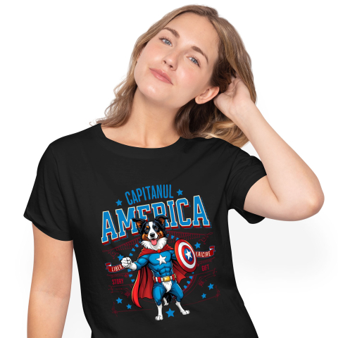 SuperEroi si Personaje TV - Tricou Femei, Barbati, Copii, Fata, Baiat, Unisex Personalizat Border Collie în Costum Captain America cu Pelerină - Cadou Personalizat pentru Copii și Iubitorii de Câini