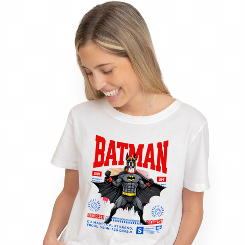 Tricouri - Tricou Femei, Barbati, Copii, Fata, Baiat, Unisex Personalizat Boxer În Costum de Batman – Câine Supererou pentru Copii și Iubitorii de Animale