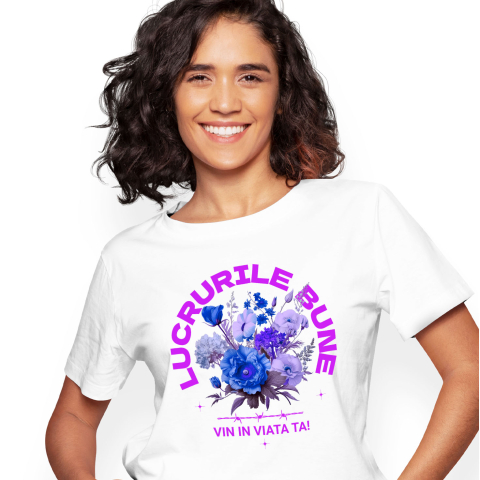 Tricou Femei, Barbati, Copii, Fata, Baiat, Unisex Personalizat Buchet De Flori Colorat cu Text „Lucrurile Bune Vin În Viața Ta” | Cadouri Personalizate pentru Familie și Prieteni